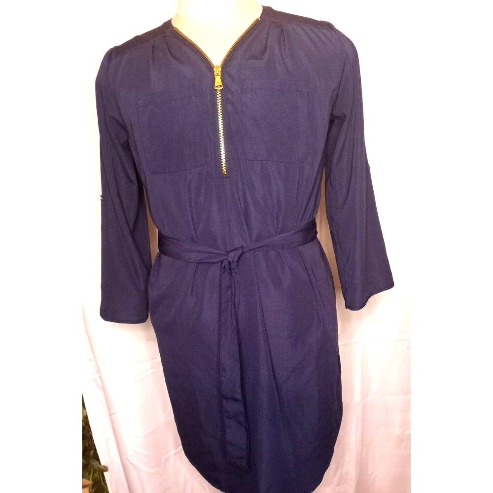 Stella Tweed Zip Neck Shirt Dress Medium Navy Blue
